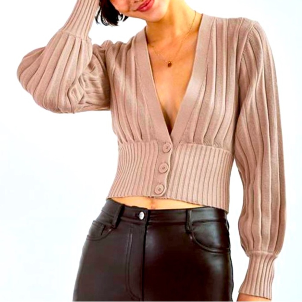 NWOT WILFRED Marino Wool Cotton Ribbed Long Sleeve Deep VNeck Cropped Ca…
